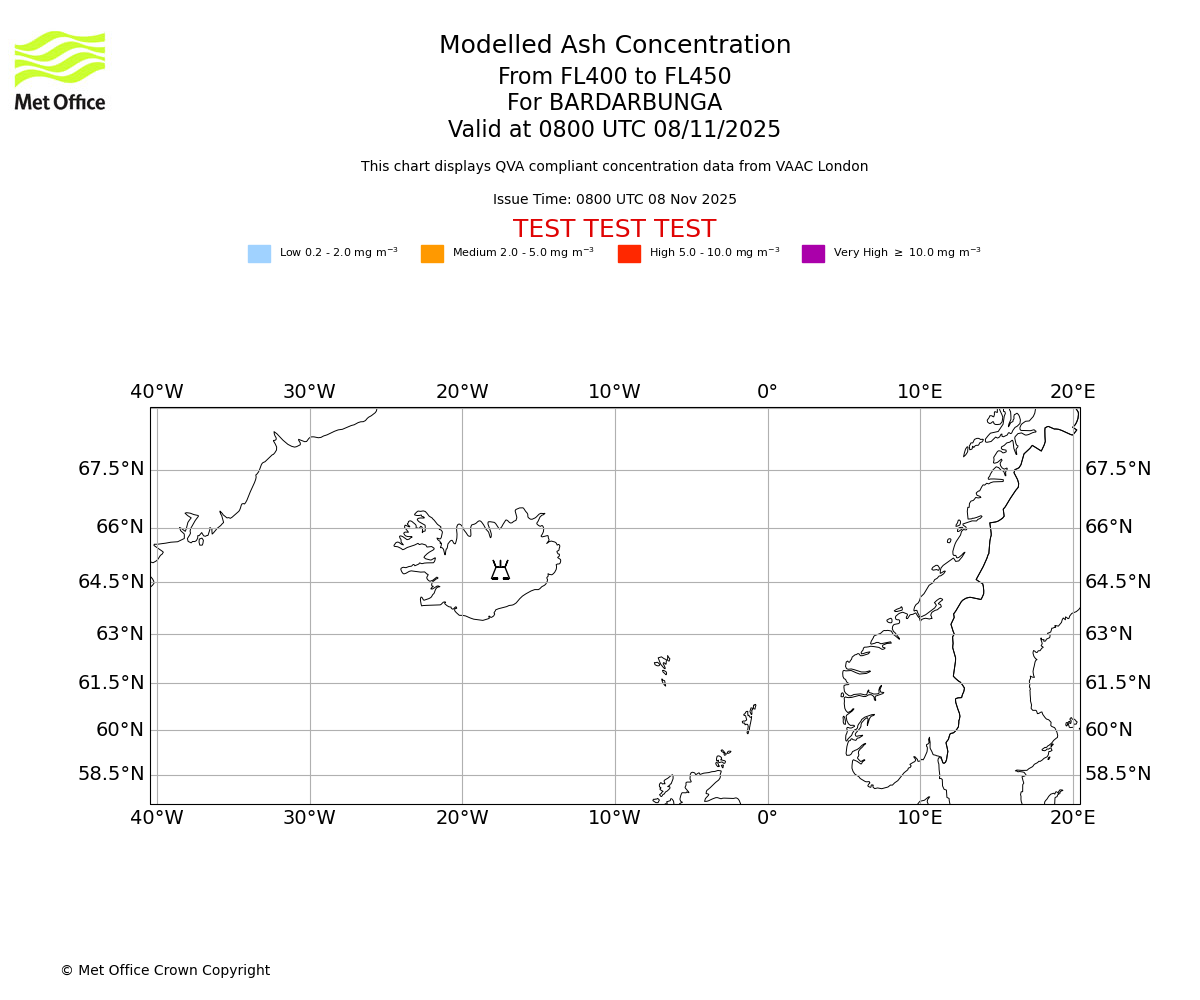 Modelled ash concentration from 400 to 450 for BARDARBUNGA. Valid at 0800 UTC 08/11/2025