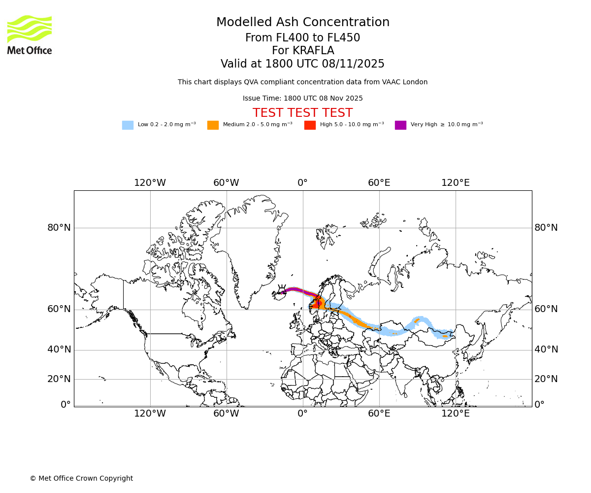 Modelled ash concentration from 400 to 450 for KRAFLA. Valid at 1800 UTC 08/11/2025