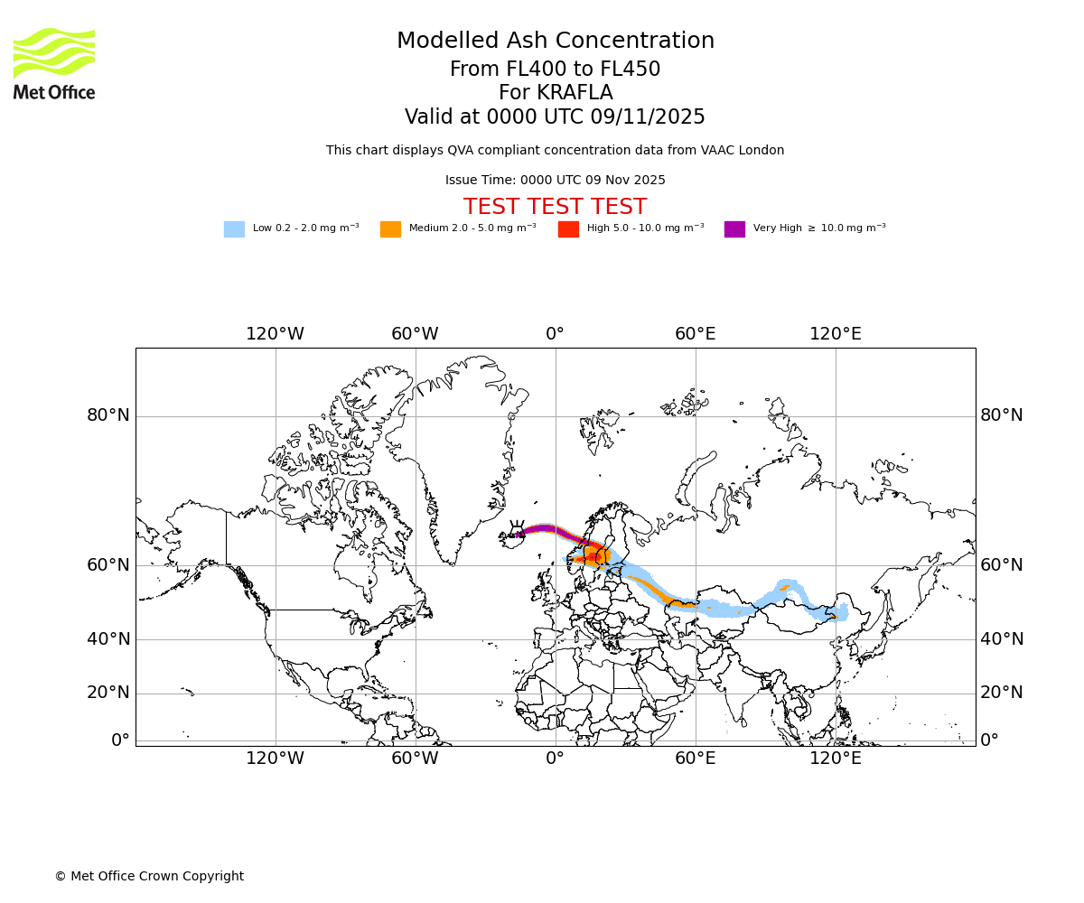 Modelled ash concentration from 400 to 450 for KRAFLA. Valid at 0000 UTC 09/11/2025