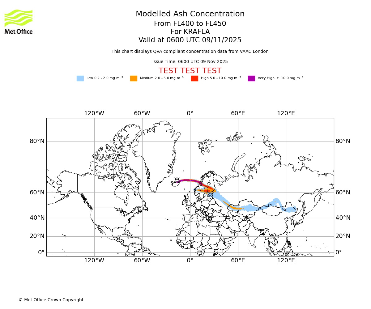 Modelled ash concentration from 400 to 450 for KRAFLA. Valid at 0600 UTC 09/11/2025