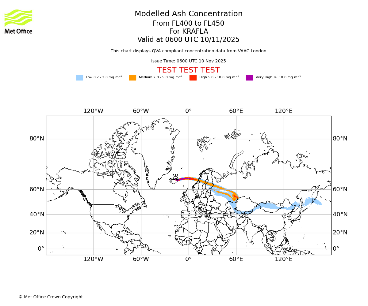 Modelled ash concentration from 400 to 450 for KRAFLA. Valid at 0600 UTC 10/11/2025