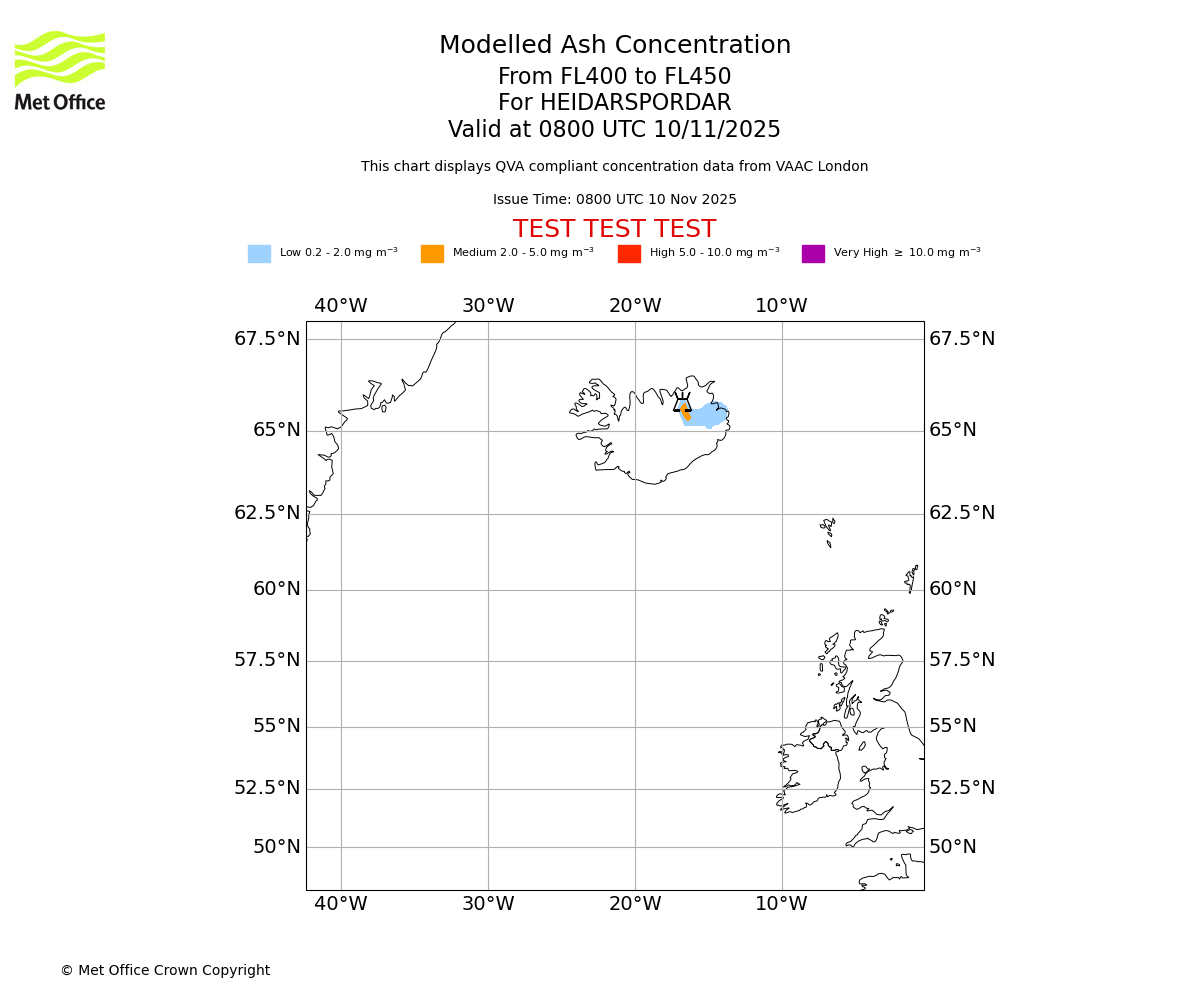 Modelled ash concentration from 400 to 450 for HEIDARSPORDAR. Valid at 0800 UTC 10/11/2025