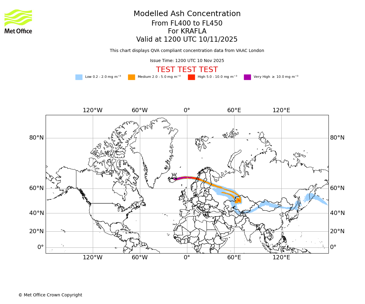 Modelled ash concentration from 400 to 450 for KRAFLA. Valid at 1200 UTC 10/11/2025