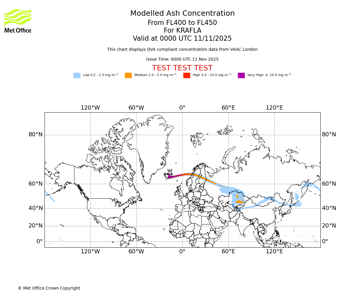 Modelled ash concentration from 400 to 450 for KRAFLA. Valid at 0000 UTC 11/11/2025