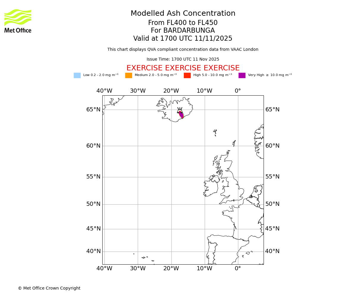 Modelled ash concentration from 400 to 450 for BARDARBUNGA. Valid at 1700 UTC 11/11/2025
