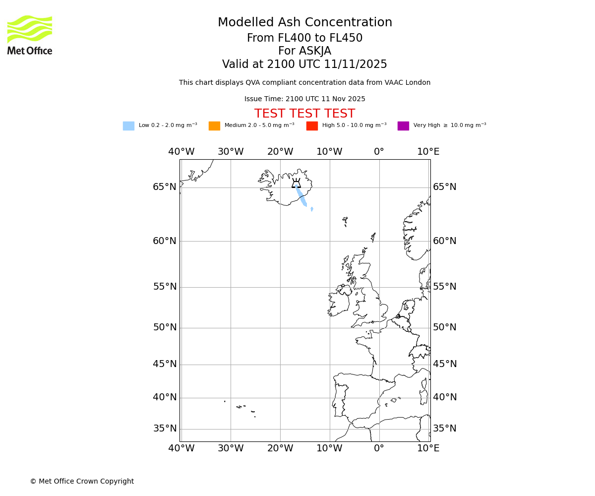 Modelled ash concentration from 400 to 450 for ASKJA. Valid at 2100 UTC 11/11/2025