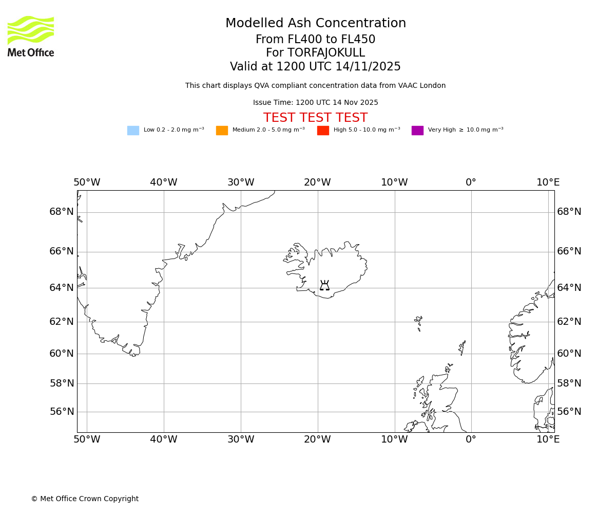 Modelled ash concentration from 400 to 450 for TORFAJOKULL. Valid at 1200 UTC 14/11/2025