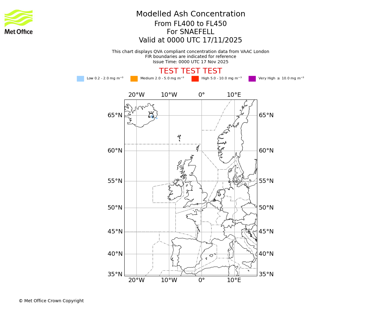 Modelled ash concentration from 400 to 450 for SNAEFELL. Valid at 0000 UTC 17/11/2025