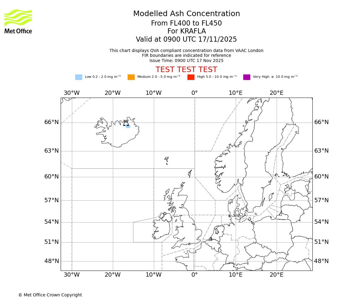 Modelled ash concentration from 400 to 450 for KRAFLA. Valid at 0900 UTC 17/11/2025