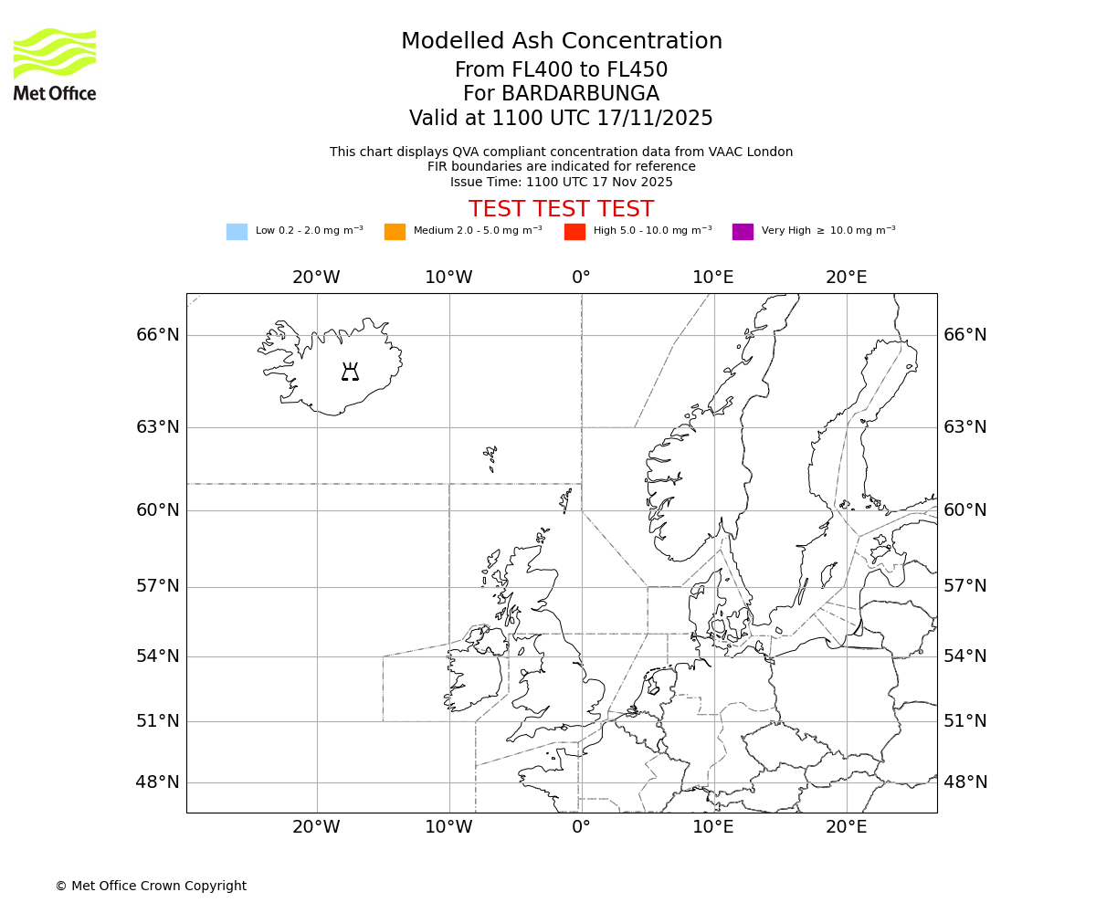 Modelled ash concentration from 400 to 450 for BARDARBUNGA. Valid at 1100 UTC 17/11/2025