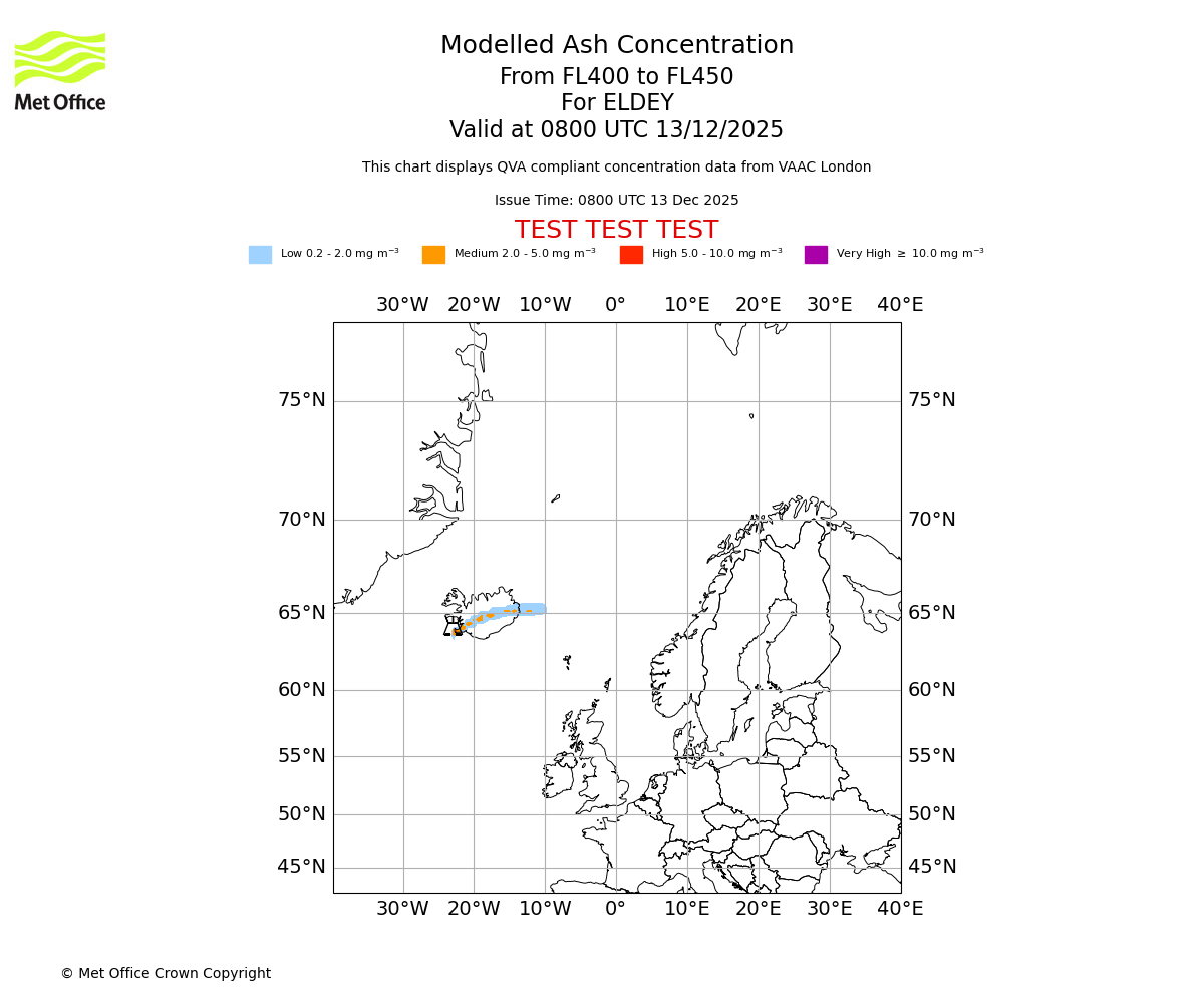 Modelled ash concentration from 400 to 450 for ELDEY. Valid at 0800 UTC 13/12/2025