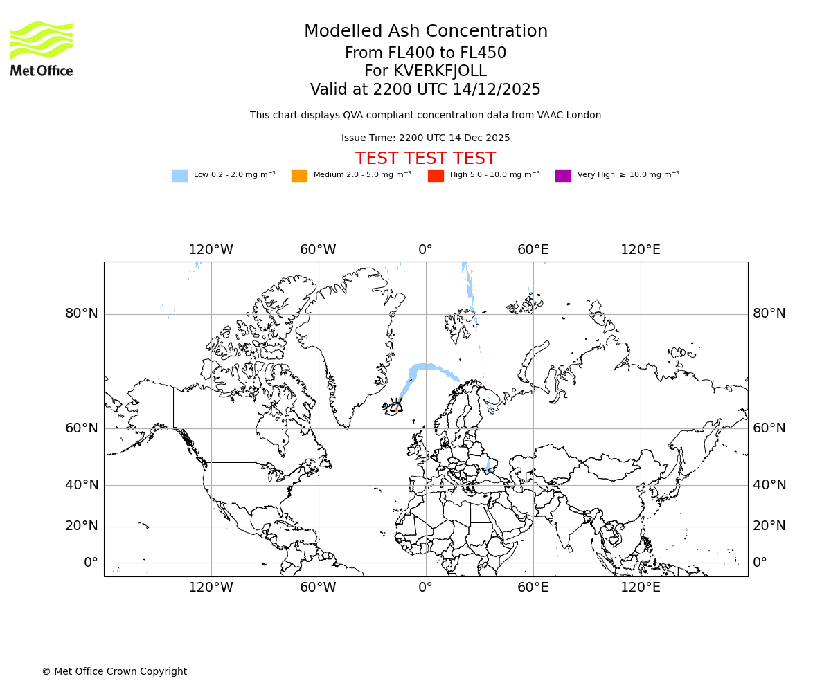 Modelled ash concentration from 400 to 450 for KVERKFJOLL. Valid at 2200 UTC 14/12/2025