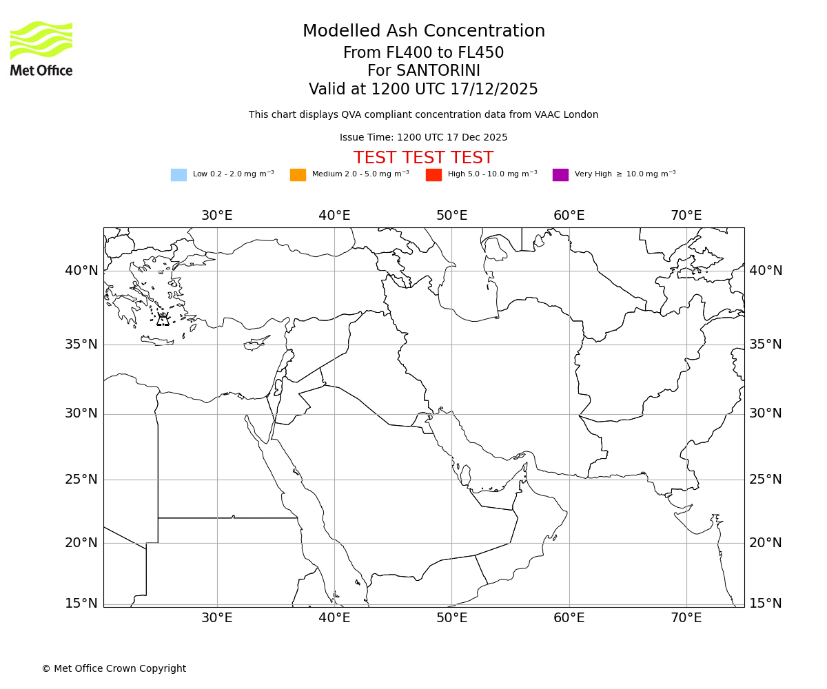 Modelled ash concentration from 400 to 450 for SANTORINI. Valid at 1200 UTC 17/12/2025