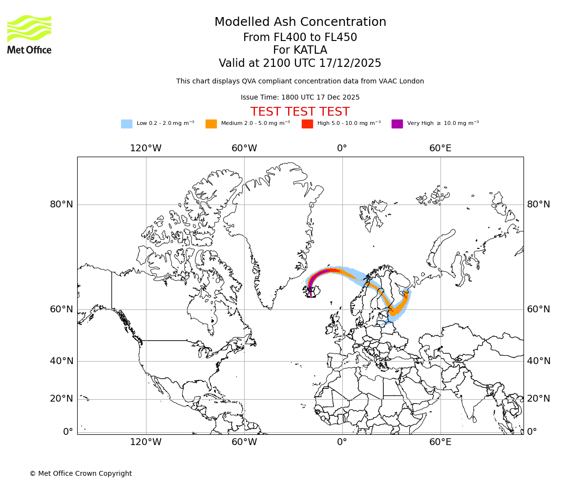 Modelled ash concentration from 400 to 450 for KATLA. Valid at 2100 UTC 17/12/2025