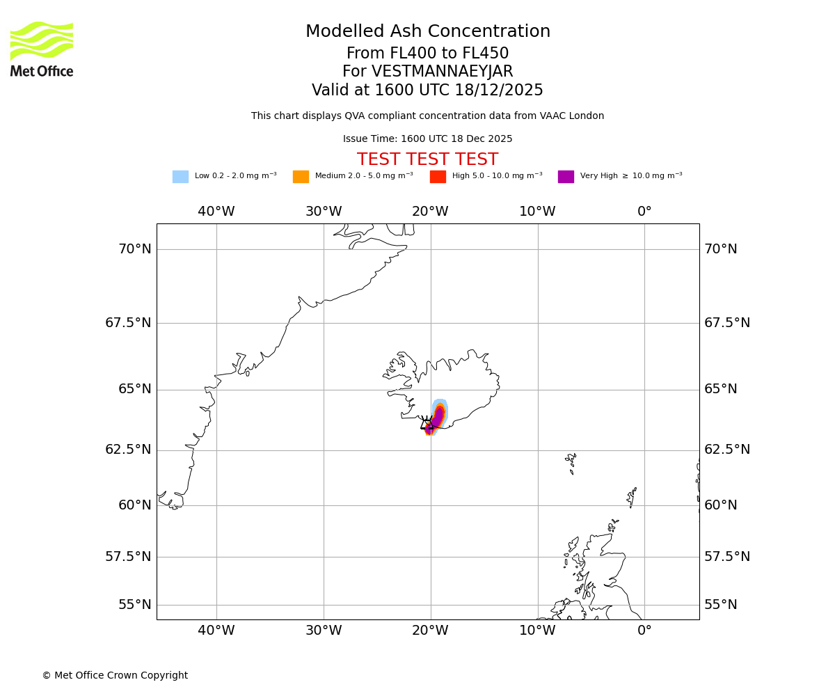 Modelled ash concentration from 400 to 450 for VESTMANNAEYJAR. Valid at 1600 UTC 18/12/2025