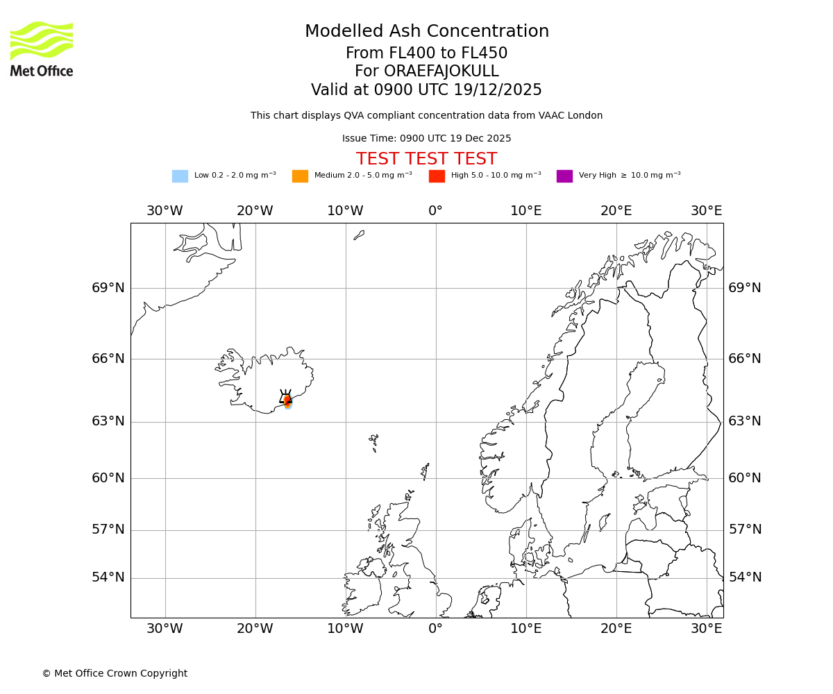 Modelled ash concentration from 400 to 450 for ORAEFAJOKULL. Valid at 0900 UTC 19/12/2025