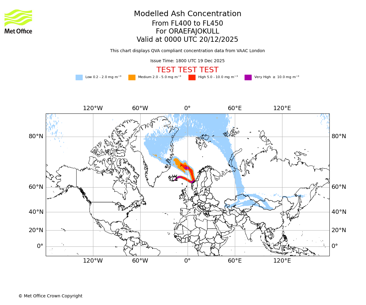 Modelled ash concentration from 400 to 450 for ORAEFAJOKULL. Valid at 0000 UTC 20/12/2025