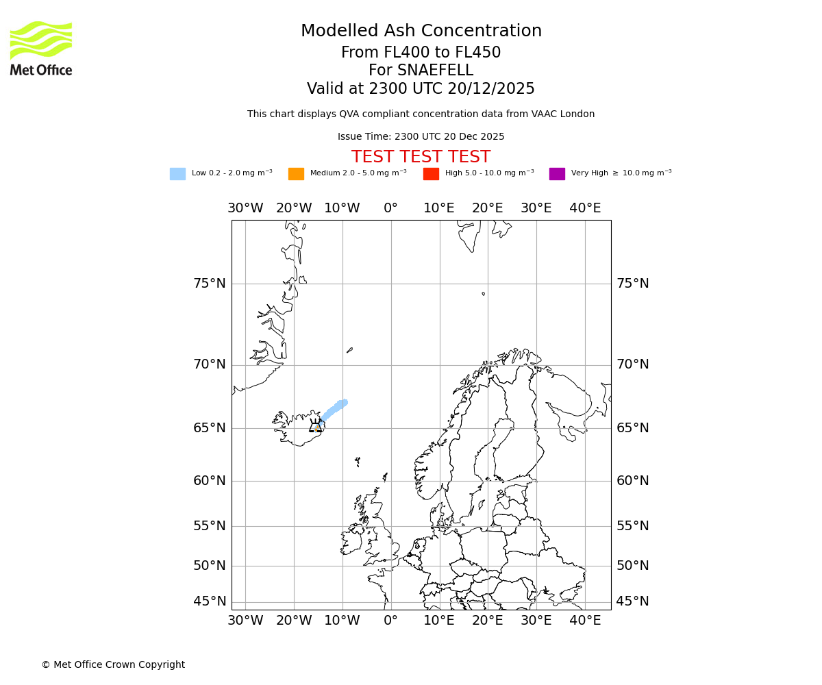 Modelled ash concentration from 400 to 450 for SNAEFELL. Valid at 2300 UTC 20/12/2025