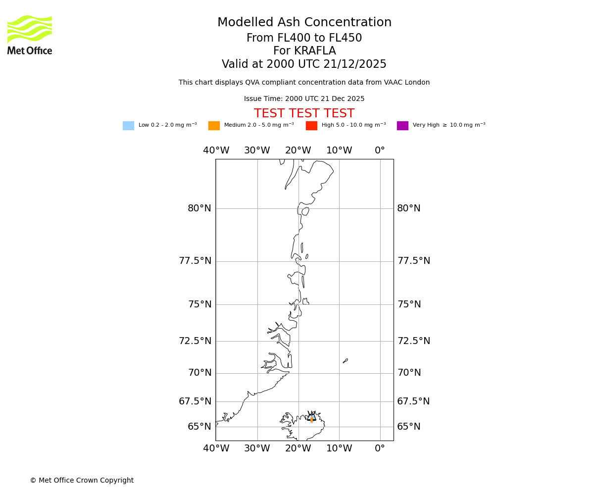 Modelled ash concentration from 400 to 450 for KRAFLA. Valid at 2000 UTC 21/12/2025