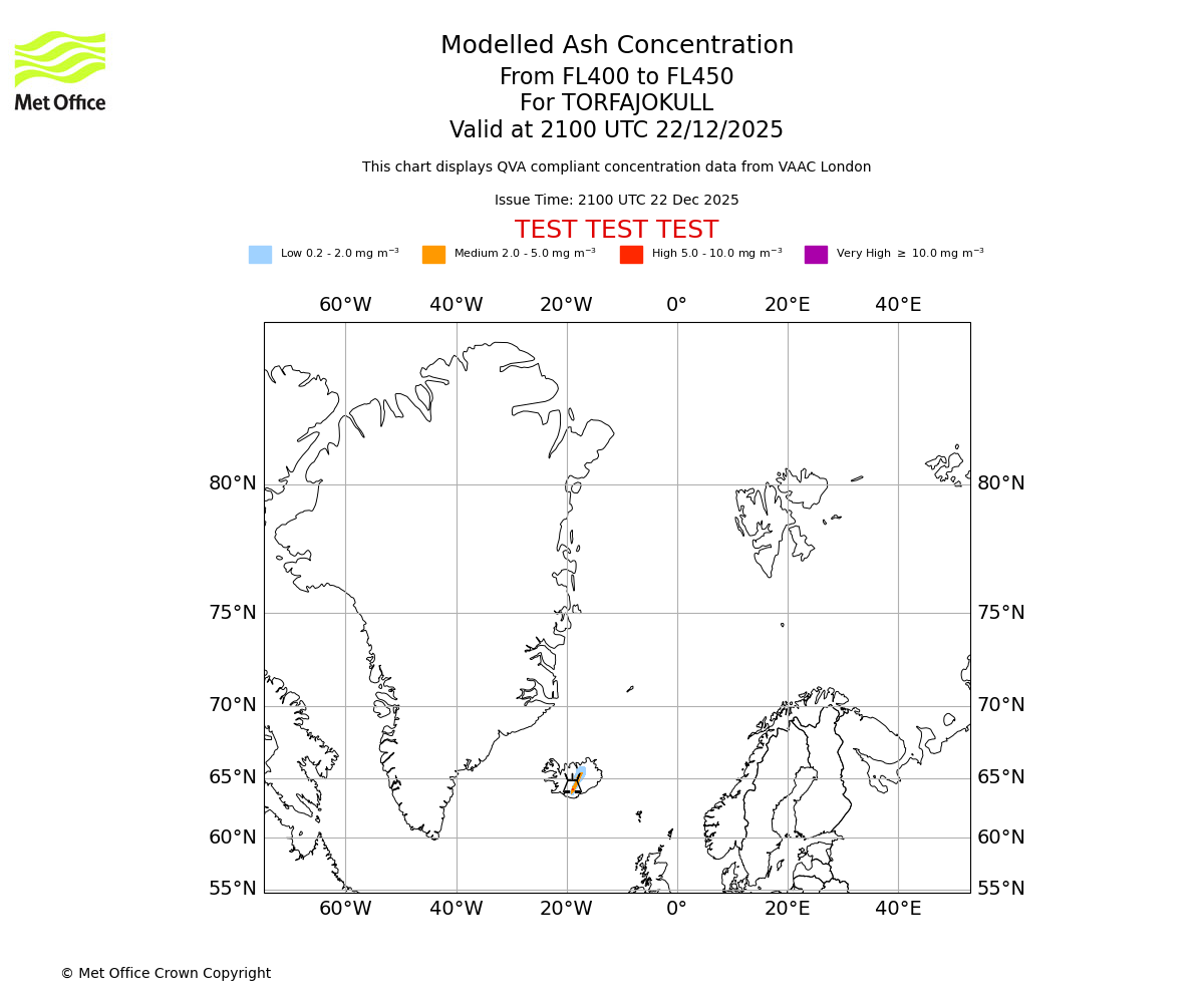 Modelled ash concentration from 400 to 450 for TORFAJOKULL. Valid at 2100 UTC 22/12/2025