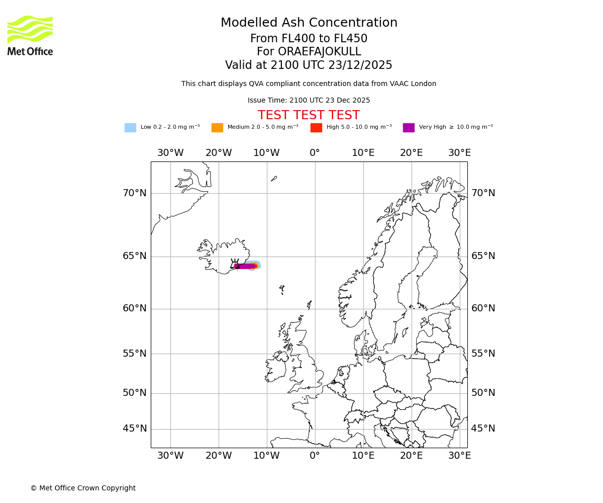 Modelled ash concentration from 400 to 450 for ORAEFAJOKULL. Valid at 2100 UTC 23/12/2025