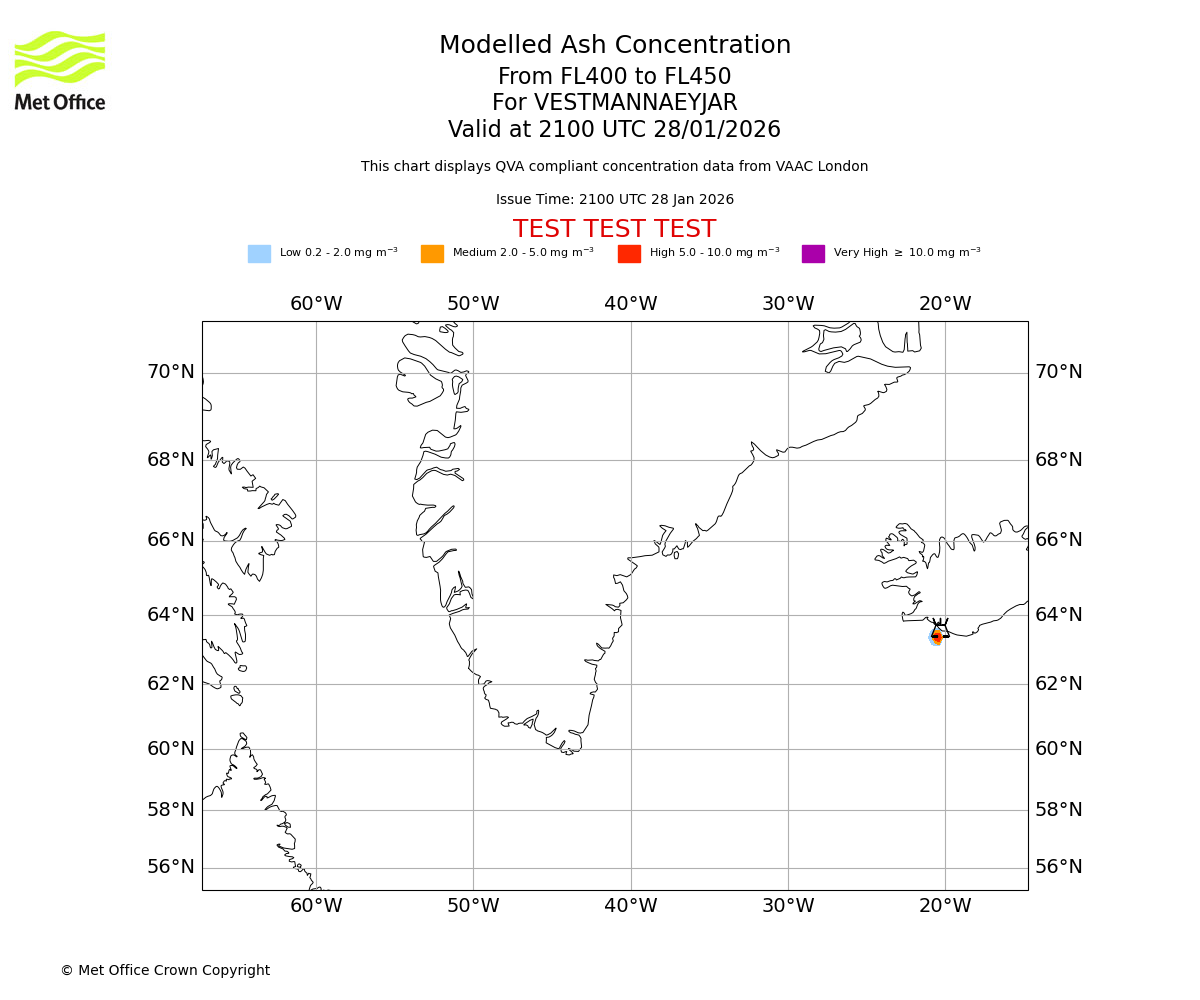 Modelled ash concentration from 400 to 450 for VESTMANNAEYJAR. Valid at 2100 UTC 28/01/2026
