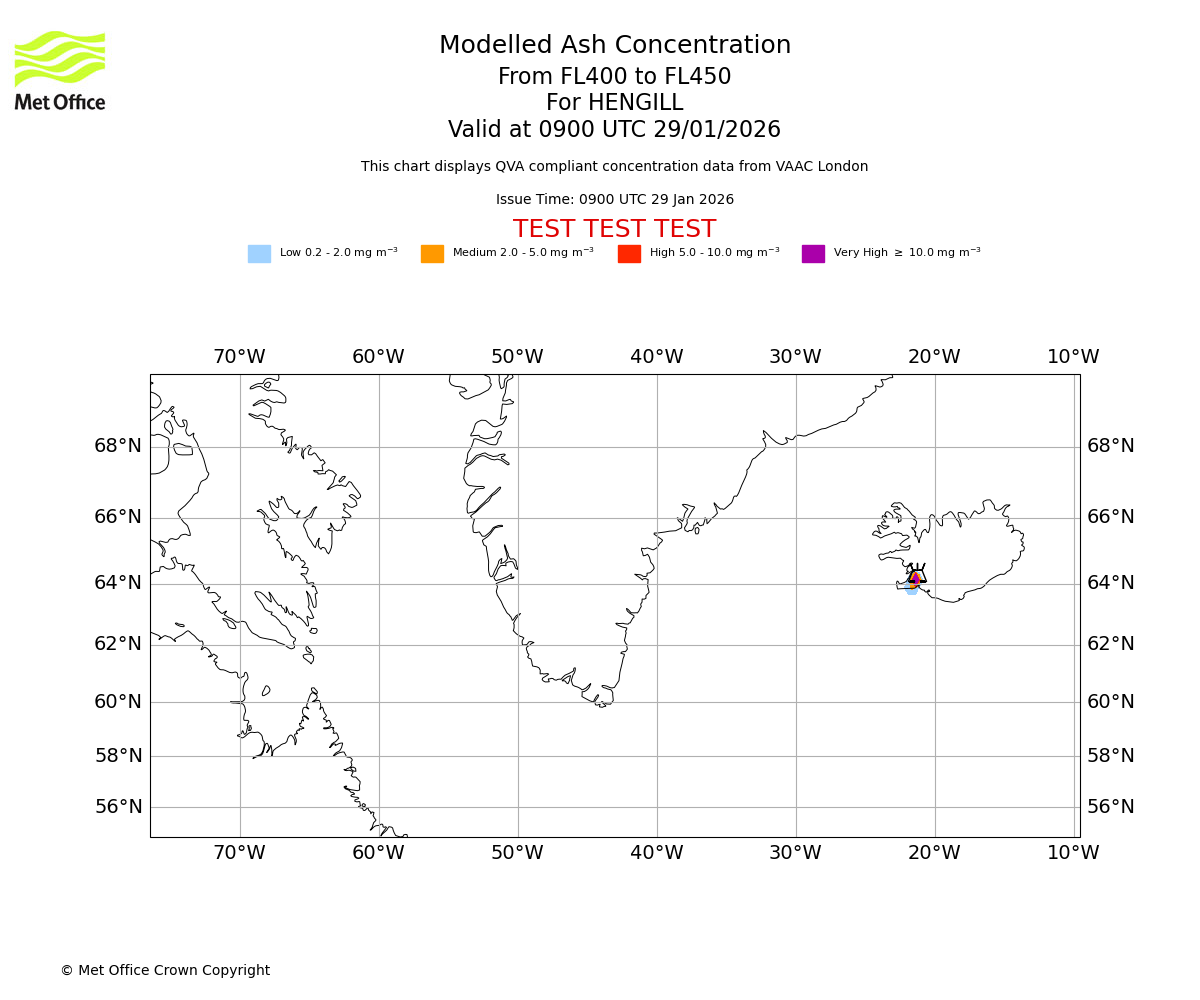 Modelled ash concentration from 400 to 450 for HENGILL. Valid at 0900 UTC 29/01/2026