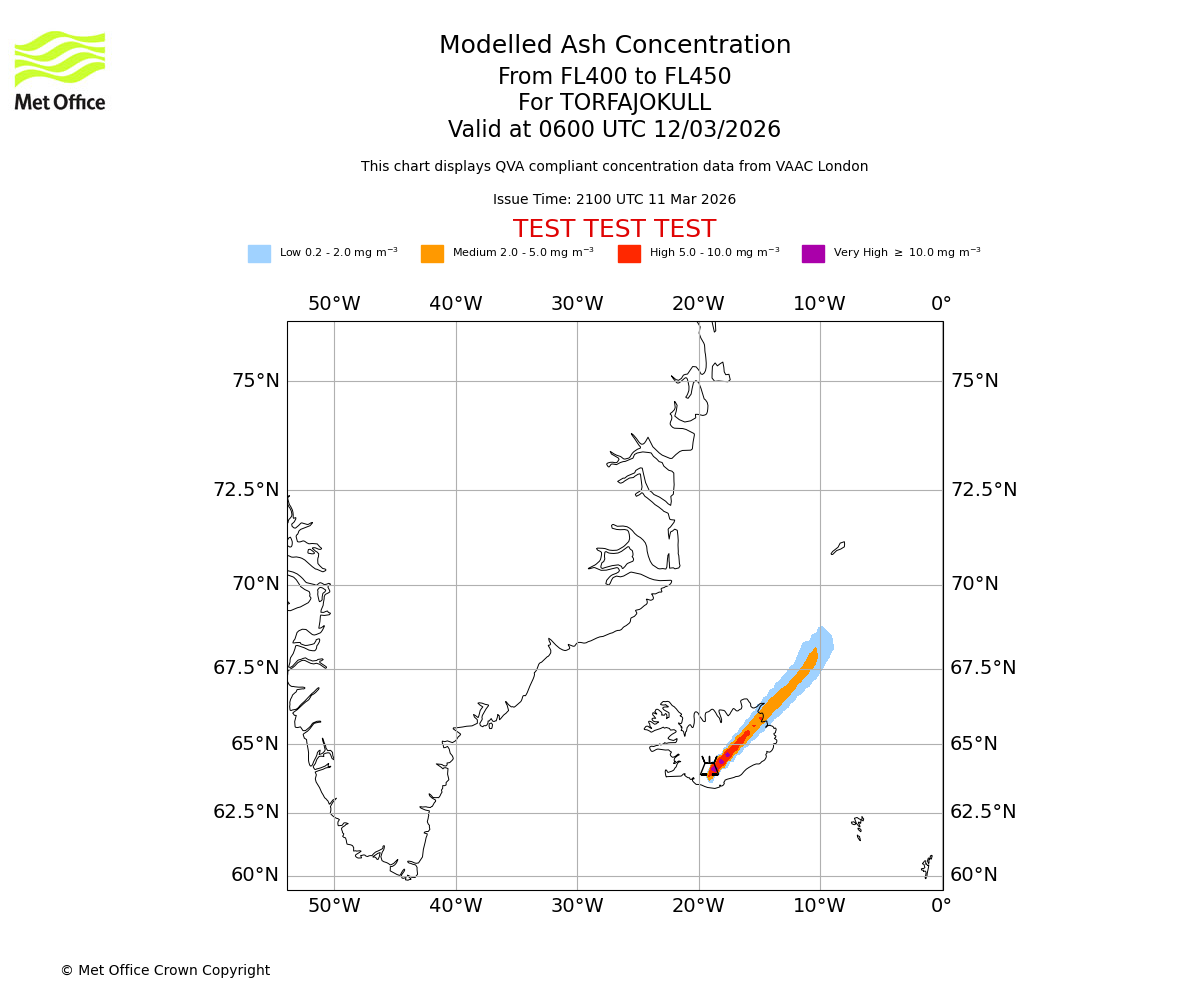 Modelled ash concentration from 400 to 450 for TORFAJOKULL. Valid at 0600 UTC 12/03/2026