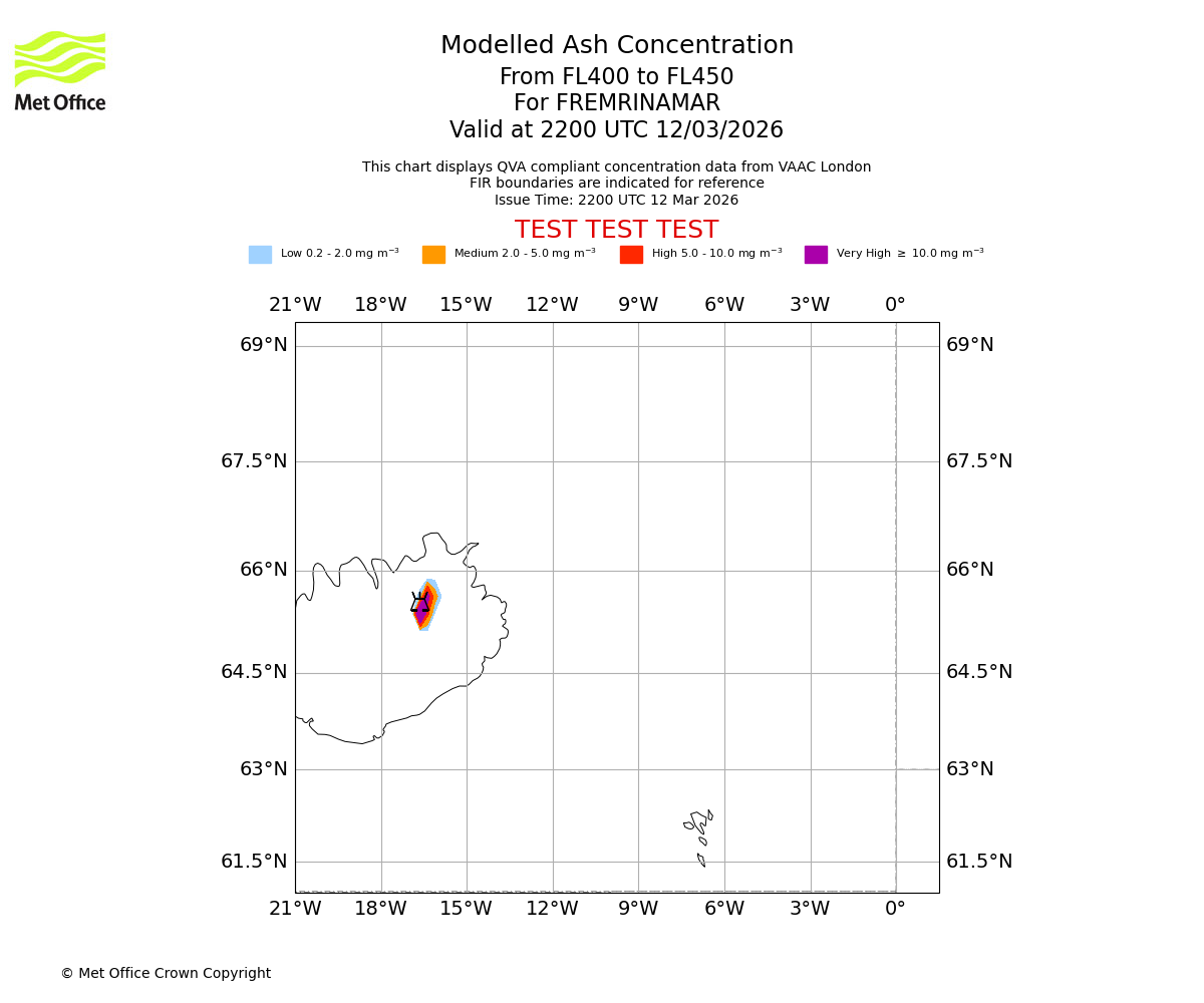 Modelled ash concentration from 400 to 450 for FREMRINAMAR. Valid at 2200 UTC 12/03/2026