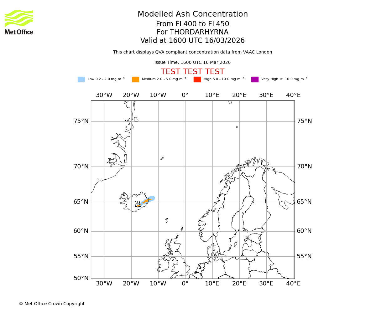 Modelled ash concentration from 400 to 450 for THORDARHYRNA. Valid at 1600 UTC 16/03/2026