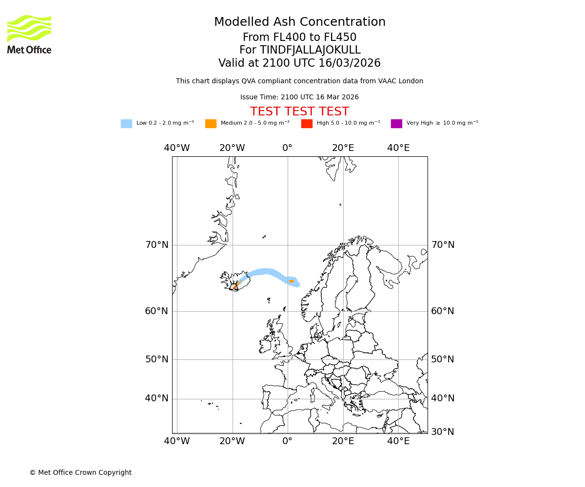Modelled ash concentration from 400 to 450 for TINDFJALLAJOKULL. Valid at 2100 UTC 16/03/2026