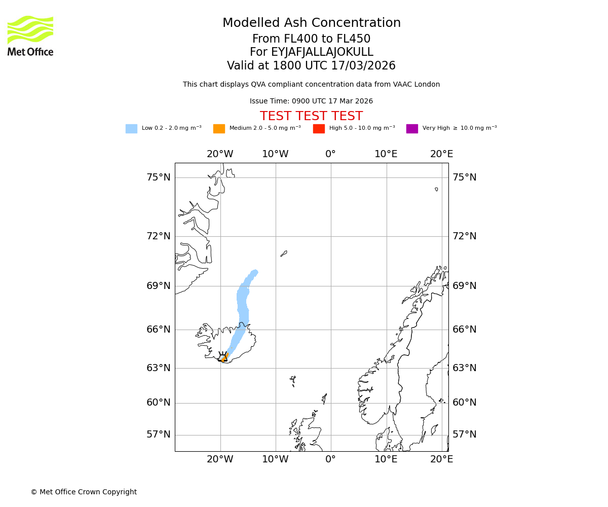 Modelled ash concentration from 400 to 450 for EYJAFJALLAJOKULL. Valid at 1800 UTC 17/03/2026