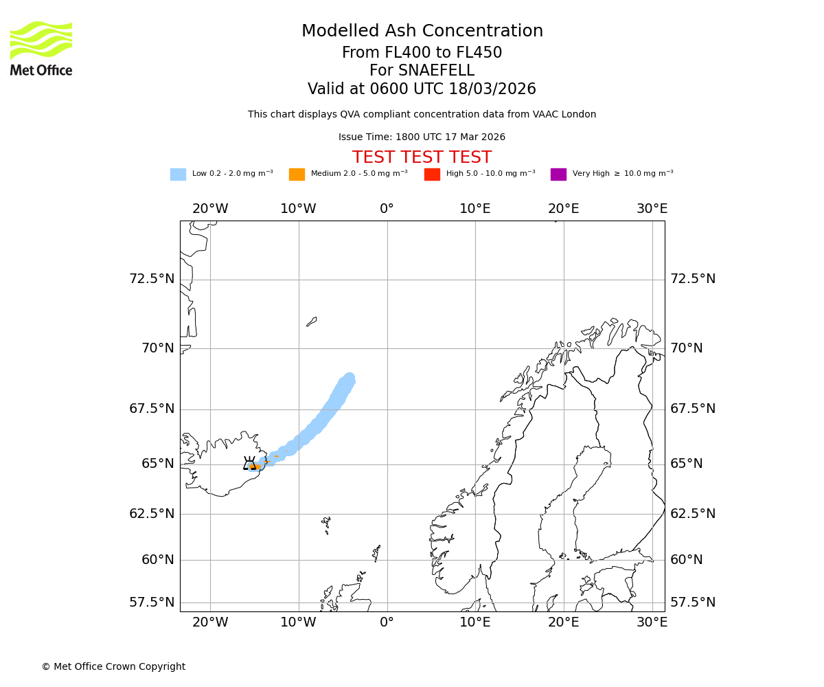 Modelled ash concentration from 400 to 450 for SNAEFELL. Valid at 0600 UTC 18/03/2026