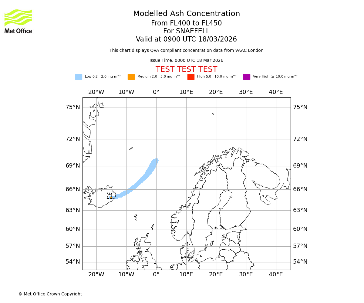 Modelled ash concentration from 400 to 450 for SNAEFELL. Valid at 0900 UTC 18/03/2026