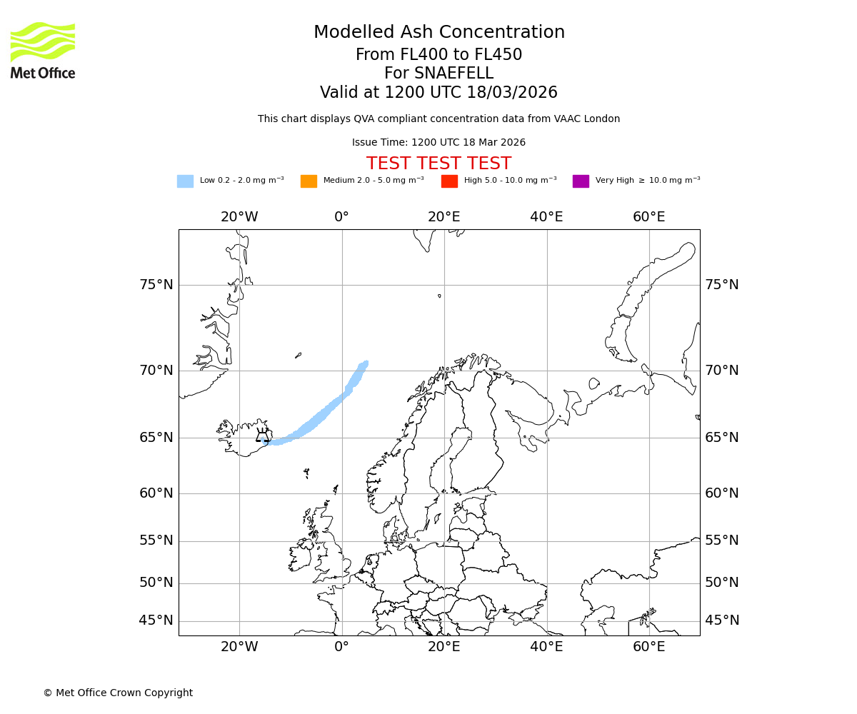 Modelled ash concentration from 400 to 450 for SNAEFELL. Valid at 1200 UTC 18/03/2026