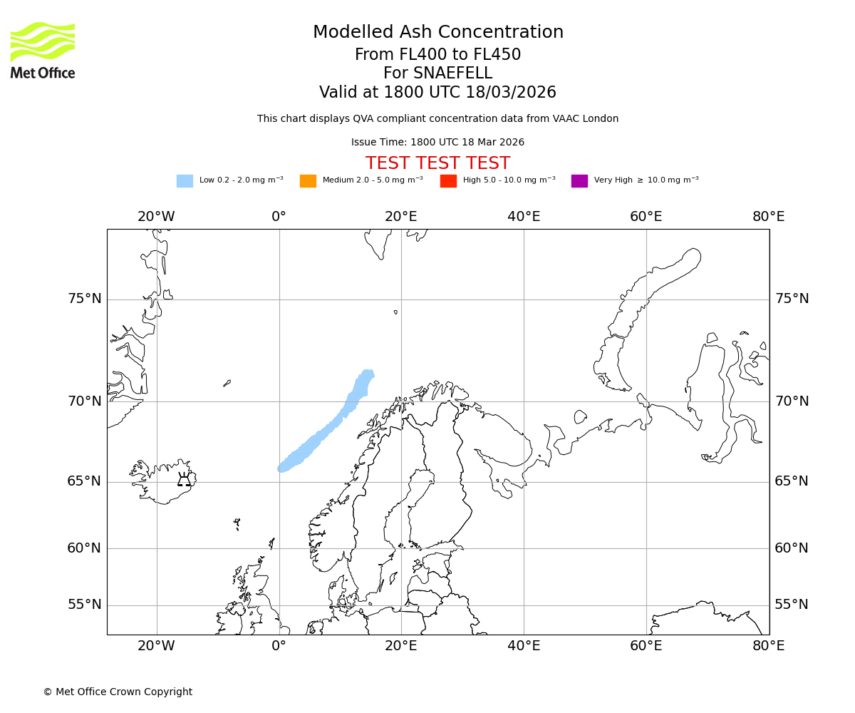 Modelled ash concentration from 400 to 450 for SNAEFELL. Valid at 1800 UTC 18/03/2026