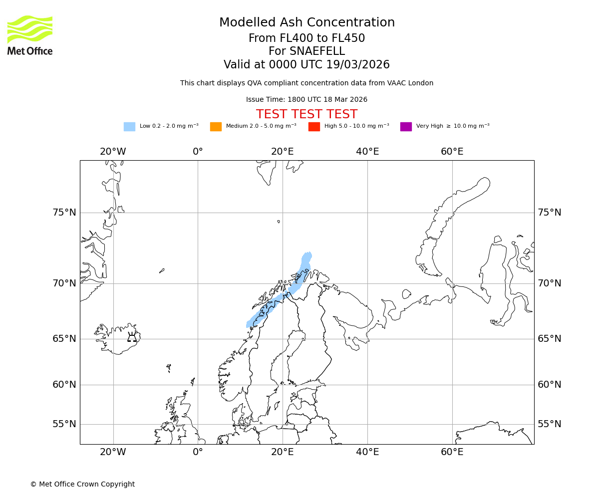 Modelled ash concentration from 400 to 450 for SNAEFELL. Valid at 0000 UTC 19/03/2026
