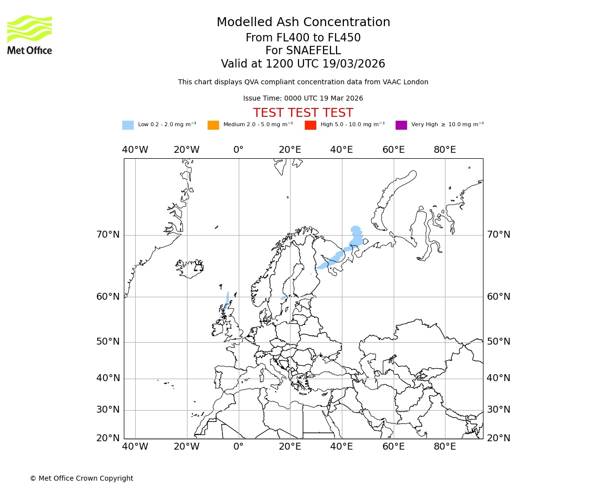 Modelled ash concentration from 400 to 450 for SNAEFELL. Valid at 1200 UTC 19/03/2026