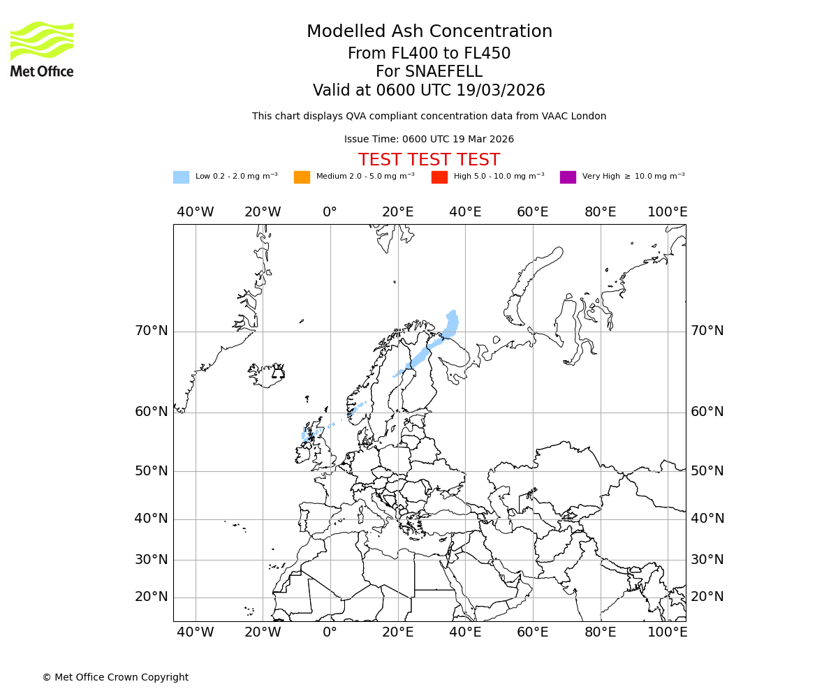 Modelled ash concentration from 400 to 450 for SNAEFELL. Valid at 0600 UTC 19/03/2026