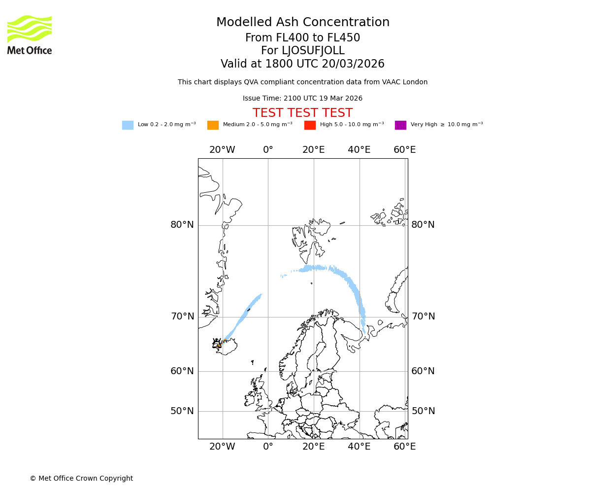 Modelled ash concentration from 400 to 450 for LJOSUFJOLL. Valid at 1800 UTC 20/03/2026