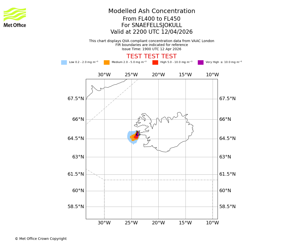 Modelled ash concentration from 400 to 450 for SNAEFELLSJOKULL. Valid at 2200 UTC 12/04/2026