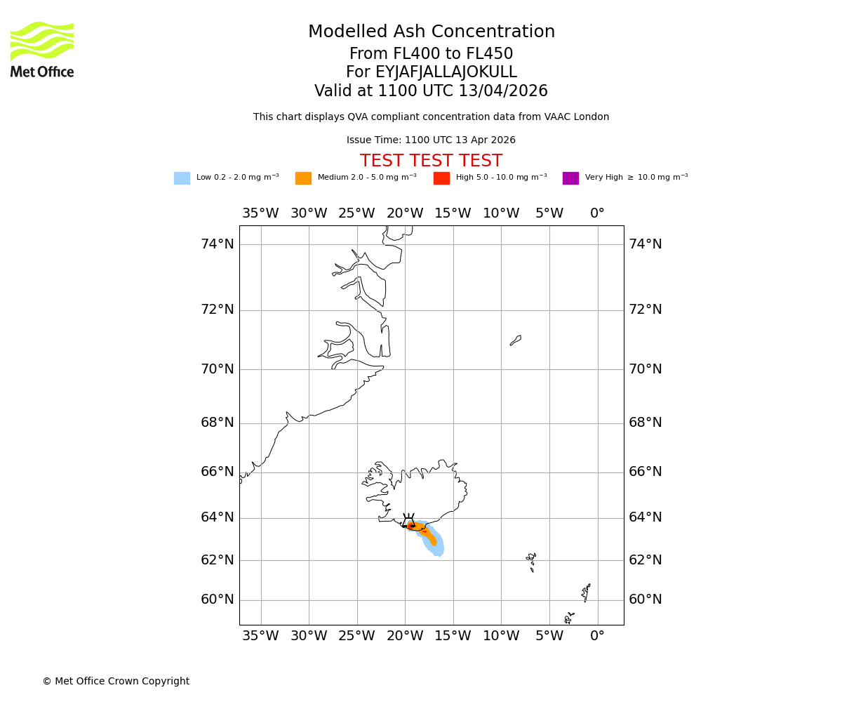 Modelled ash concentration from 400 to 450 for EYJAFJALLAJOKULL. Valid at 1100 UTC 13/04/2026