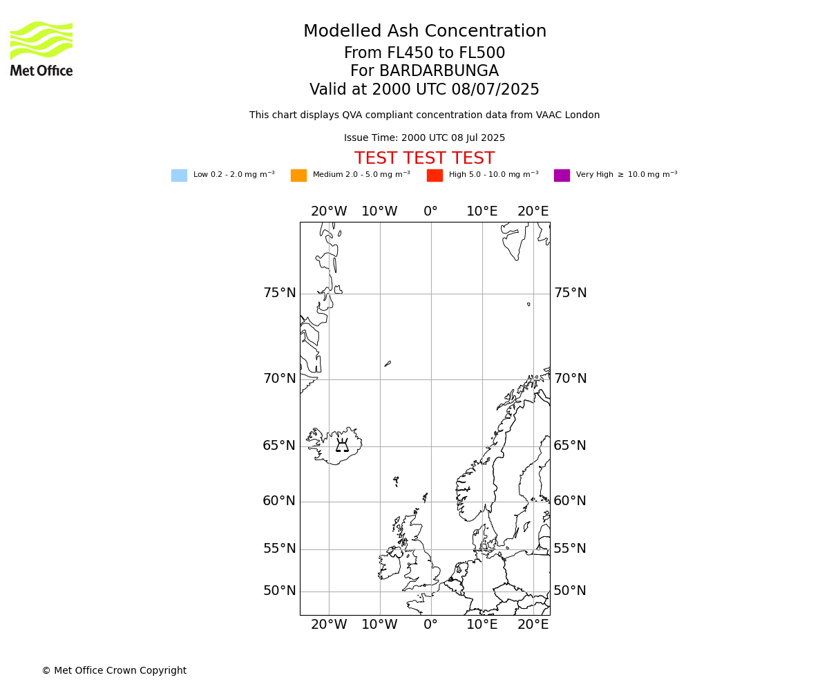 Modelled ash concentration from 450 to 500 for BARDARBUNGA. Valid at 2000 UTC 08/07/2025
