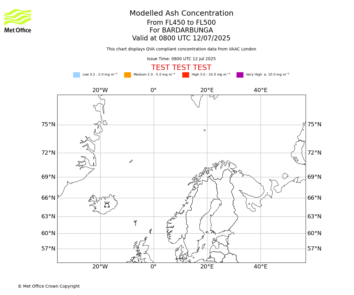 Modelled ash concentration from 450 to 500 for BARDARBUNGA. Valid at 0800 UTC 12/07/2025