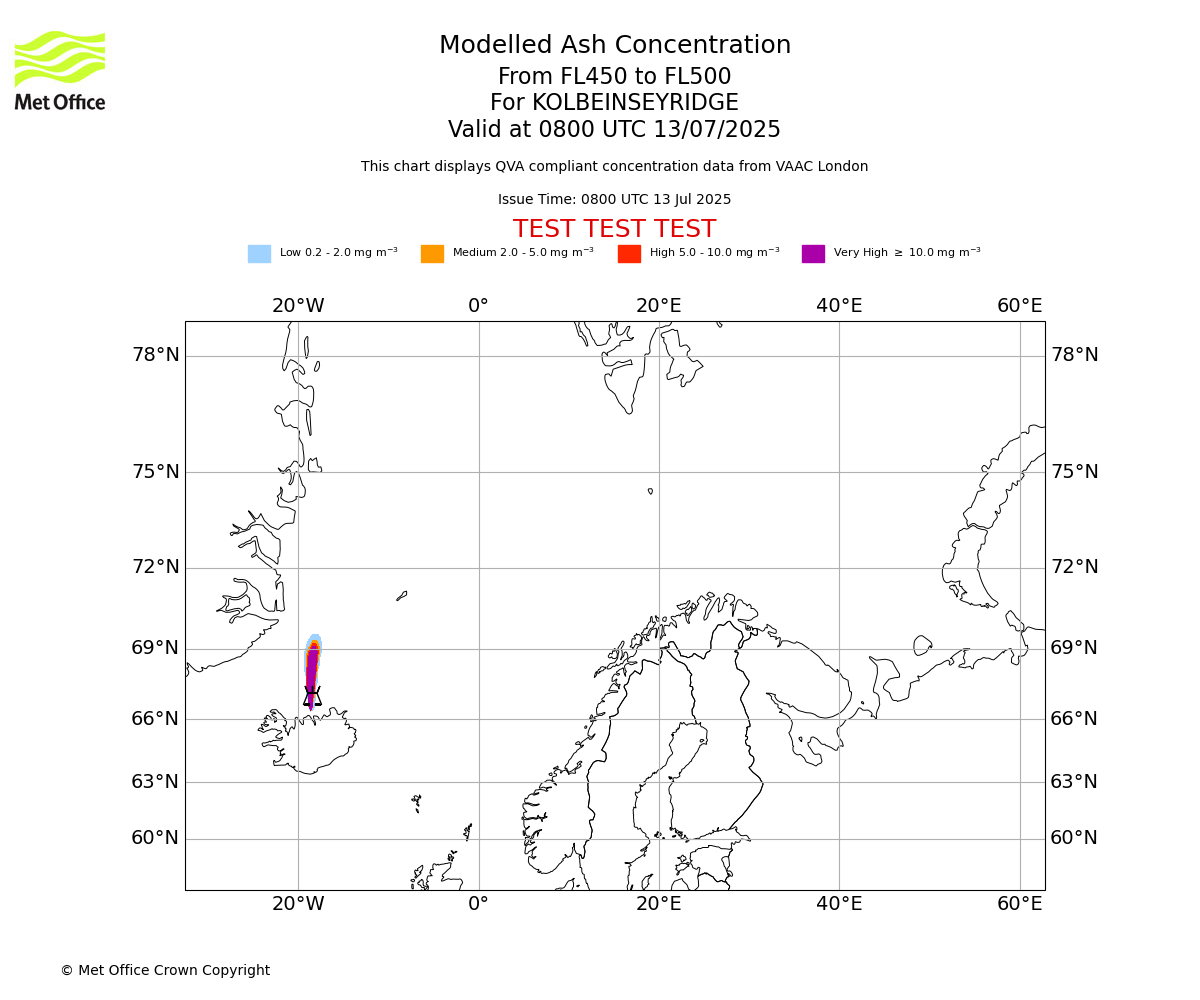 Modelled ash concentration from 450 to 500 for KOLBEINSEYRIDGE. Valid at 0800 UTC 13/07/2025