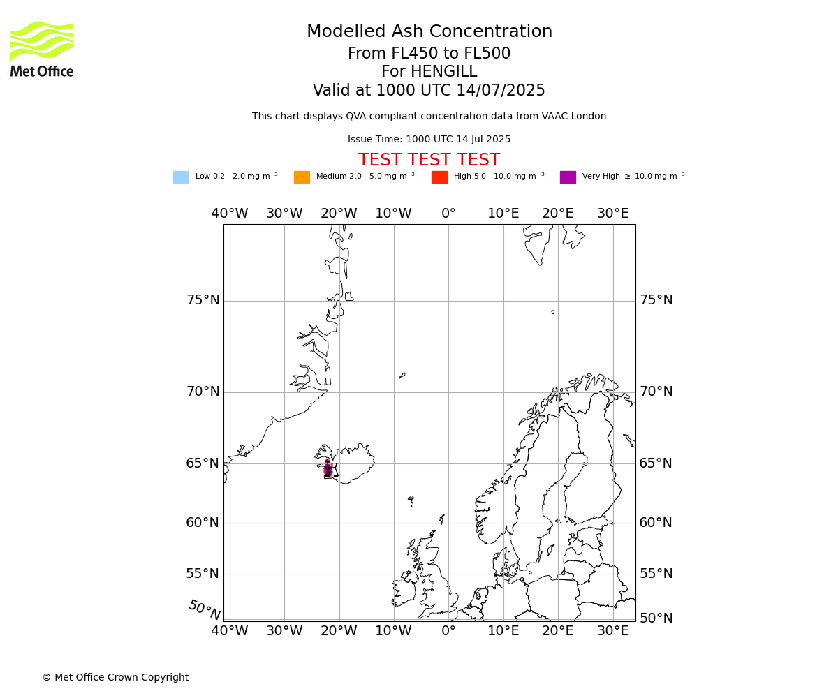 Modelled ash concentration from 450 to 500 for HENGILL. Valid at 1000 UTC 14/07/2025