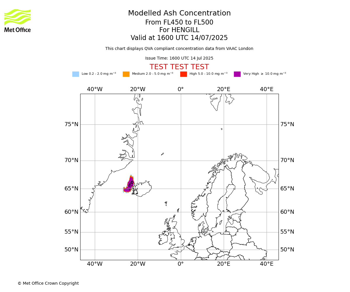 Modelled ash concentration from 450 to 500 for HENGILL. Valid at 1600 UTC 14/07/2025