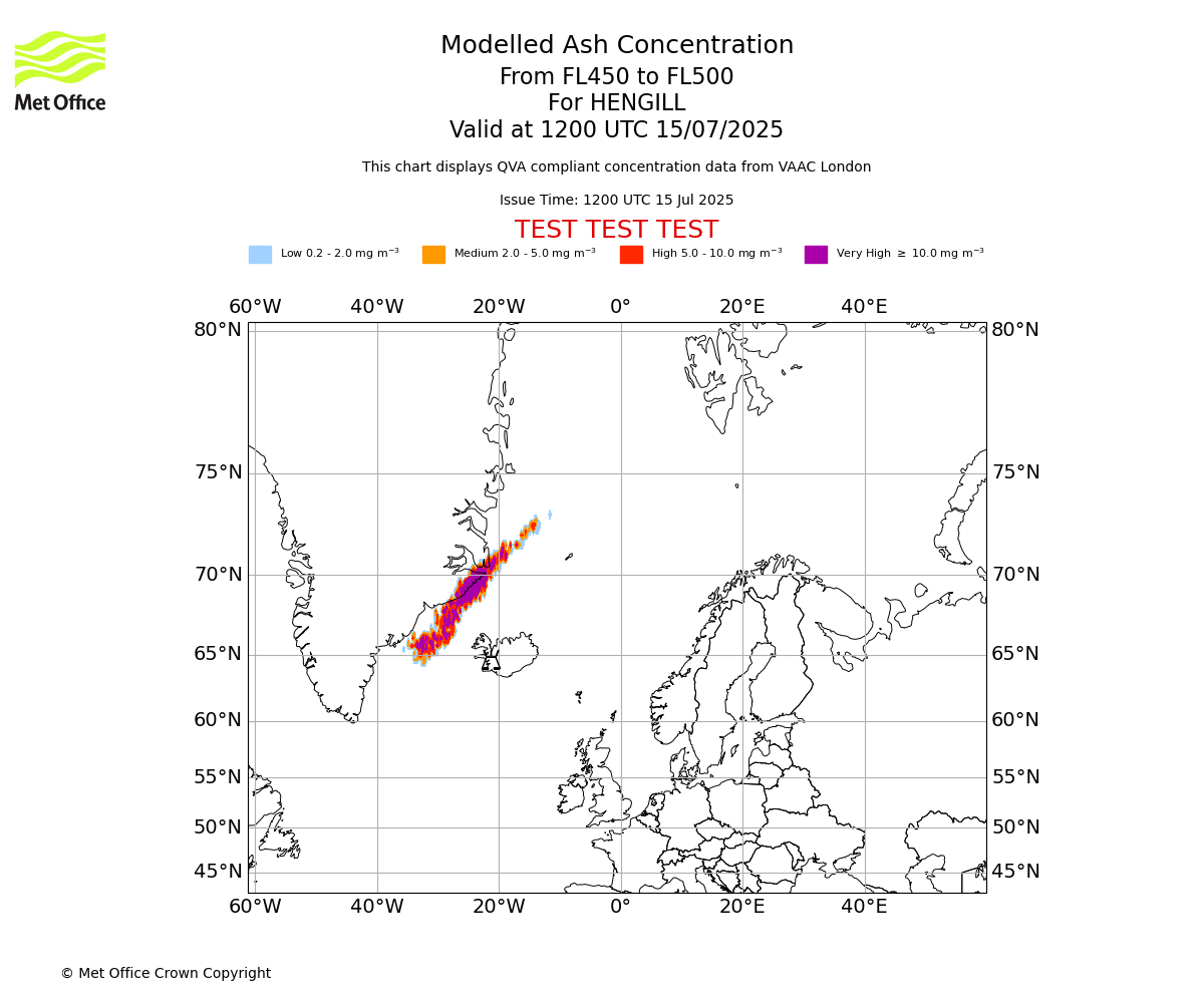 Modelled ash concentration from 450 to 500 for HENGILL. Valid at 1200 UTC 15/07/2025