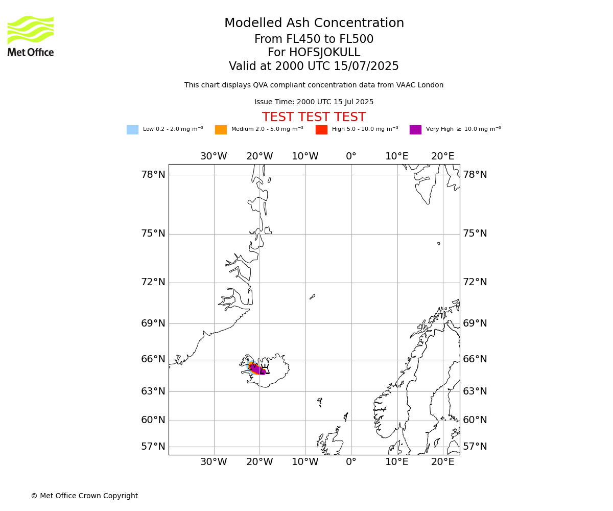 Modelled ash concentration from 450 to 500 for HOFSJOKULL. Valid at 2000 UTC 15/07/2025
