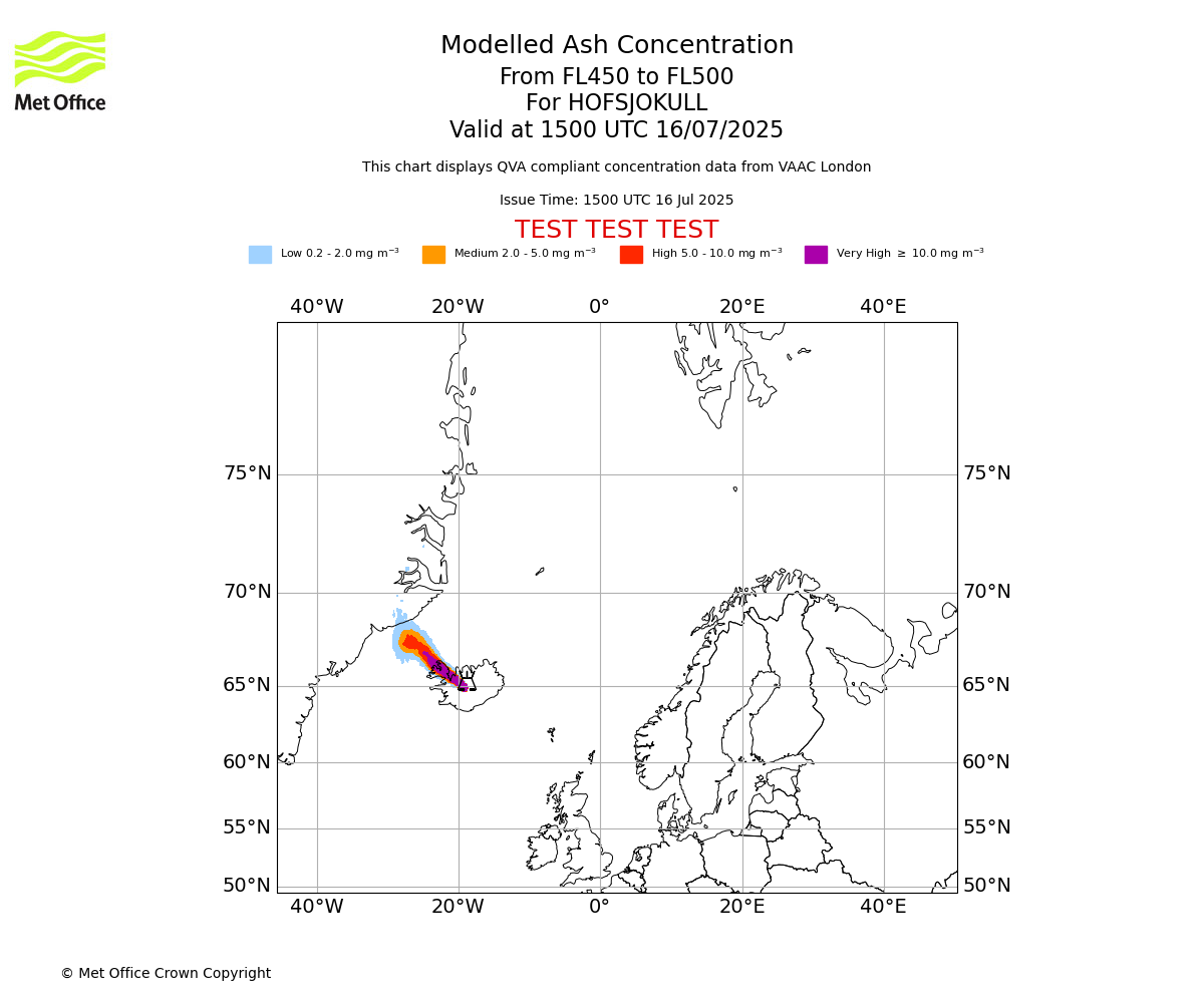Modelled ash concentration from 450 to 500 for HOFSJOKULL. Valid at 1500 UTC 16/07/2025
